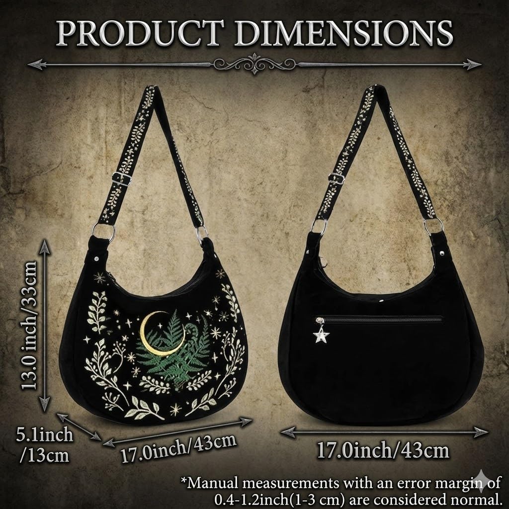 Crescent Shoulder Bags for Women – Cute Gothic Hobo Tote Handbag with Moon & Star Embroidery, Crossbody Purses