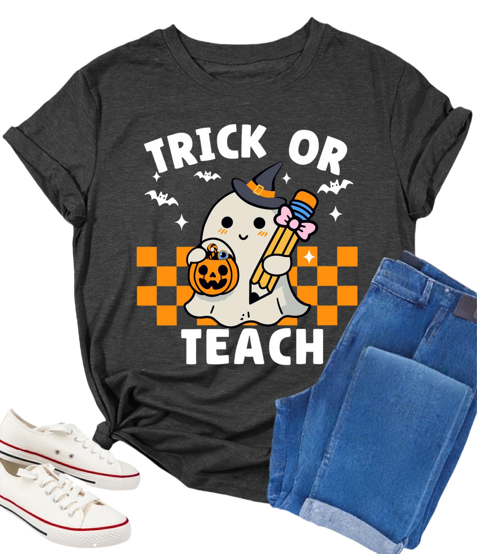 Halloween Teacher Shirts for Women Trick Or Teach Shirts Ghost T Shirt Bookish Tee Funny Cute Short Sleeve Tops