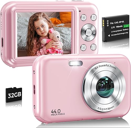 Miniatura 8 de Cámara digital, FHD 1080P 44MP Cámara de vlogging con tarjeta de 32 GB, zoom 16X antivibración, cámara digital compacta de punto de viaje y disparo