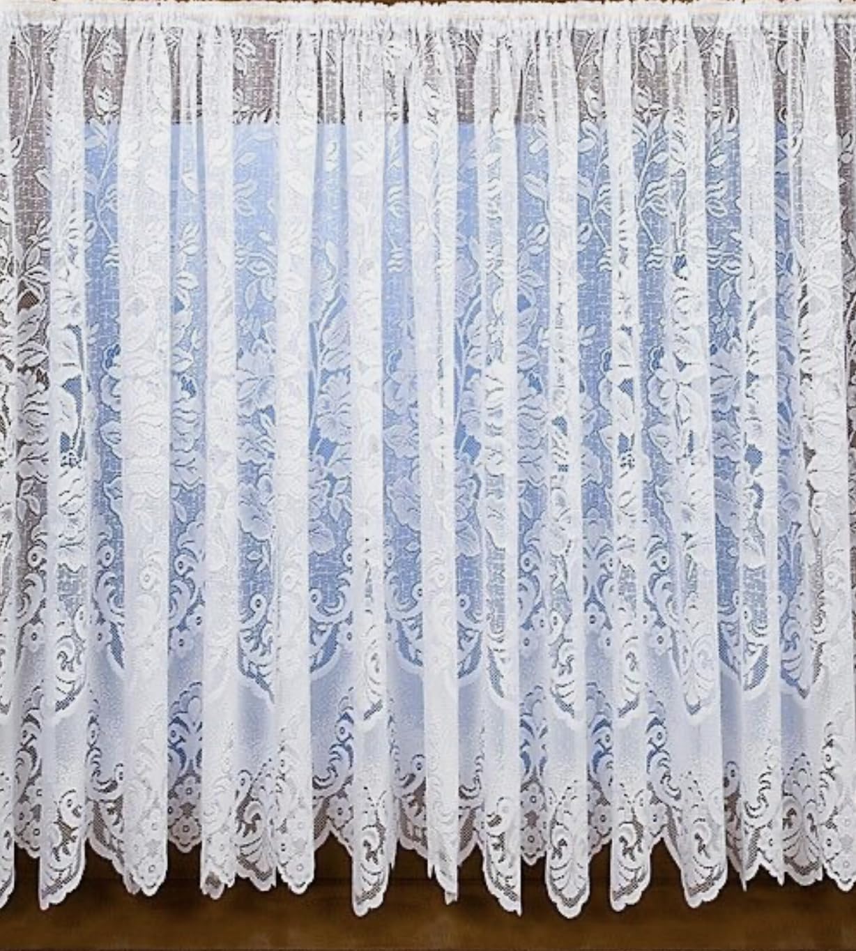 Nancy's Linens White Floral Lace Net Curtain, Contemporary Design, Scalloped Bottom, sold per Meter, Quantity 2 = 2 meters in sigle piece (Drop 48" (122cm))