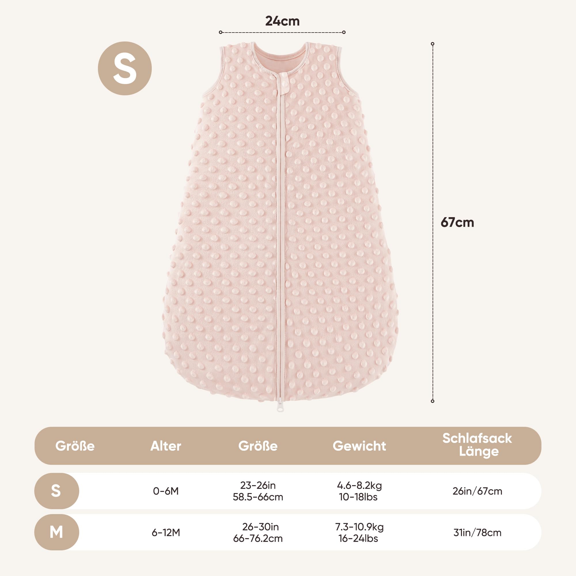 Bearmoss - Saco de Dormir para bebé, cálido, algodón, 2 Unidades, Forro 100% algodón, con Tejido Polar de Felpa para recién Nacidos, niños y niñas (Rosa, 67cm)