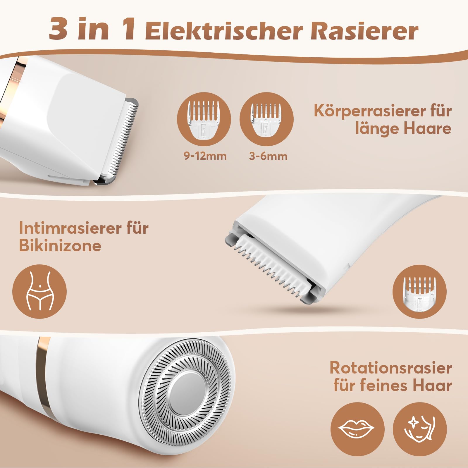 Kotopa Intimrasierer für Frauen, 3 in 1 Elektrischer Rasierer Damen für Bikinizone, Gesicht und Körper, Kabelloser Bikini Trimmer für Intimbereich, Wasserdicht & Hautfreundlich(Gold)
