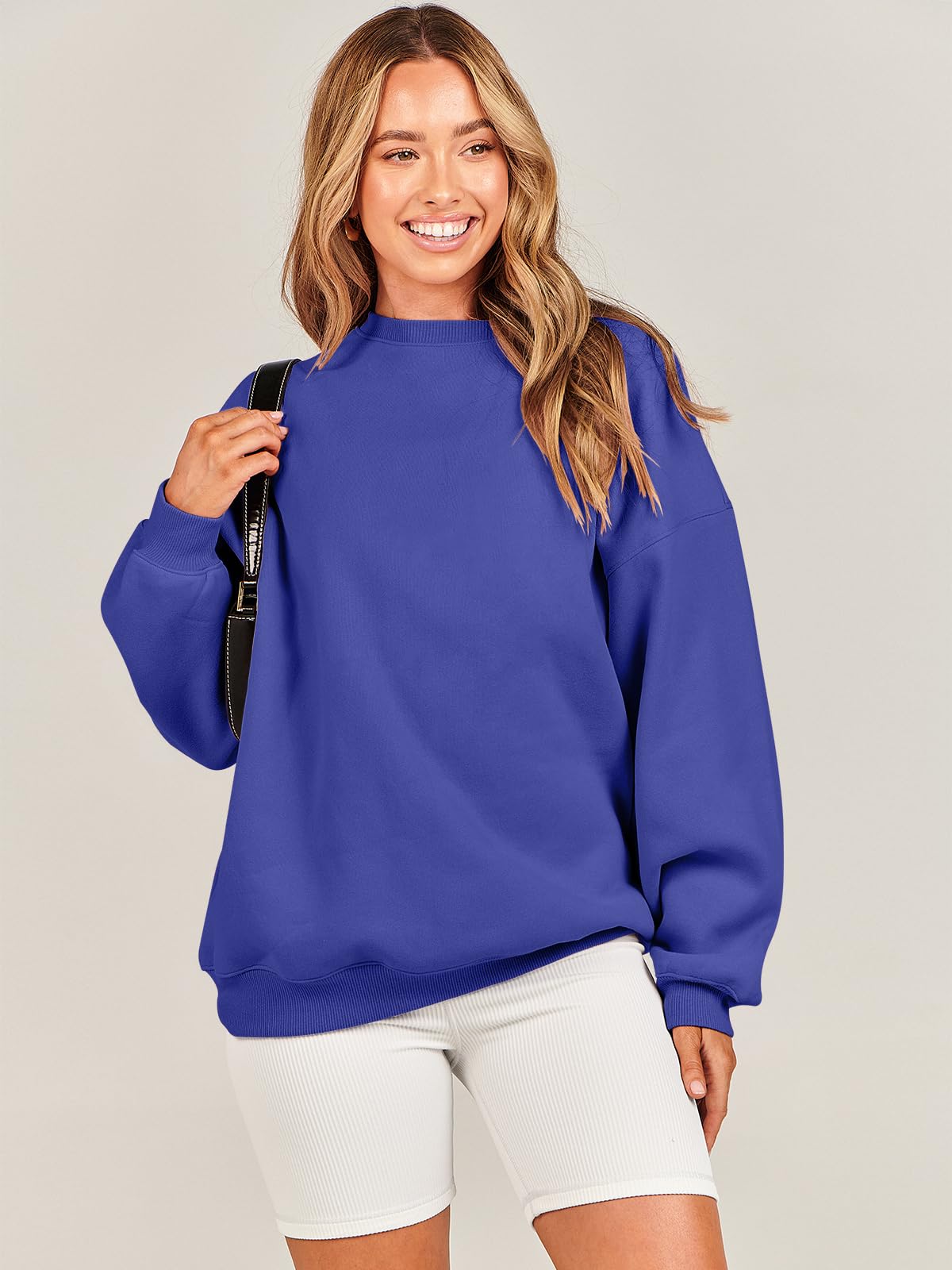 Damskie bluzy oversize bluzy z kapturem polar okrągły dekolt sweter top codzienne jesienne stroje preppy ubrania nastolatki 2024 A1019 światło, Jeden kolor, Royal Blue_L