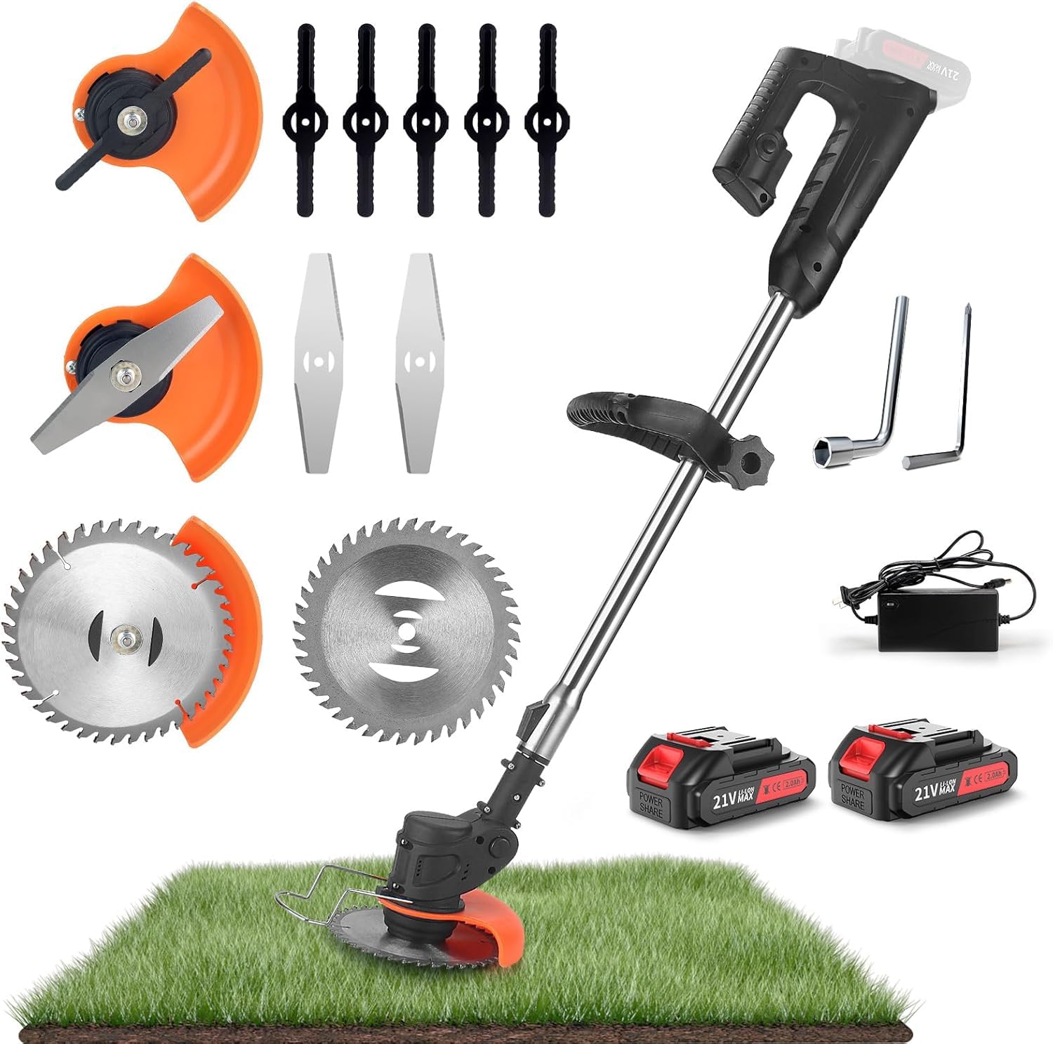 Cordless Lawn Trimmer Weed Wacker - 21V Lawn Mower Grass Edger with 2.0Ah Li-Ion Battery Powered & 3 Cutting Blade Types, Compact Power Tool for Lawn Yard Work