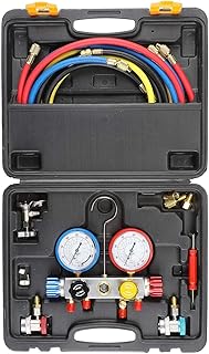 OMT 4 Way AC Diagnostic Manifold Gauge Set, Fits R134A R410A and R22 Refrigerants, with 5FT Hose, 3 Tank Adapters, Adjustable Couplers and Can Tap