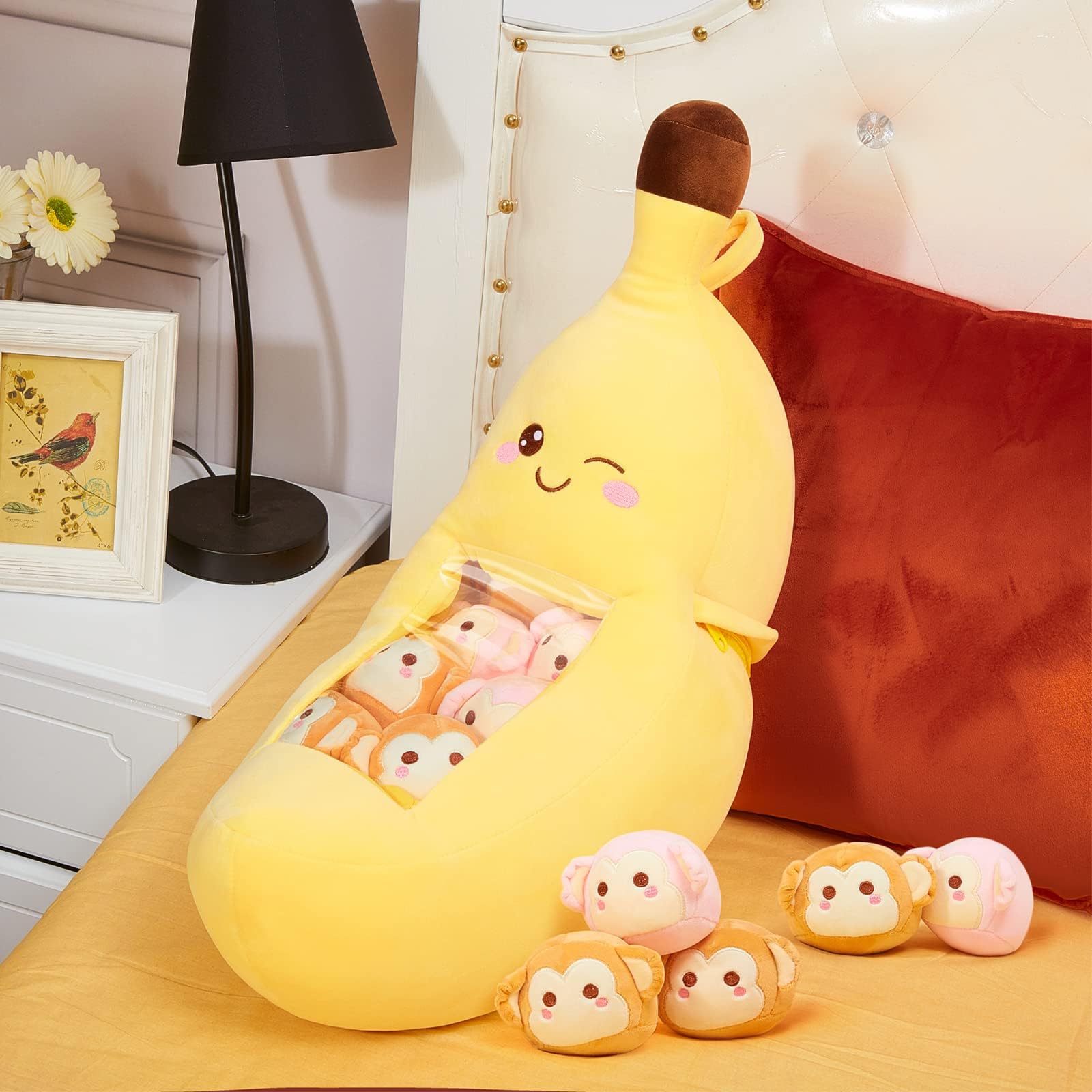 Lewtemi Cute Banana Pillow Kawaii Stuffed Animal Removable Emotional Plush Support Cat Dinosaur Gift for Home Room Positive Decor(Banana)