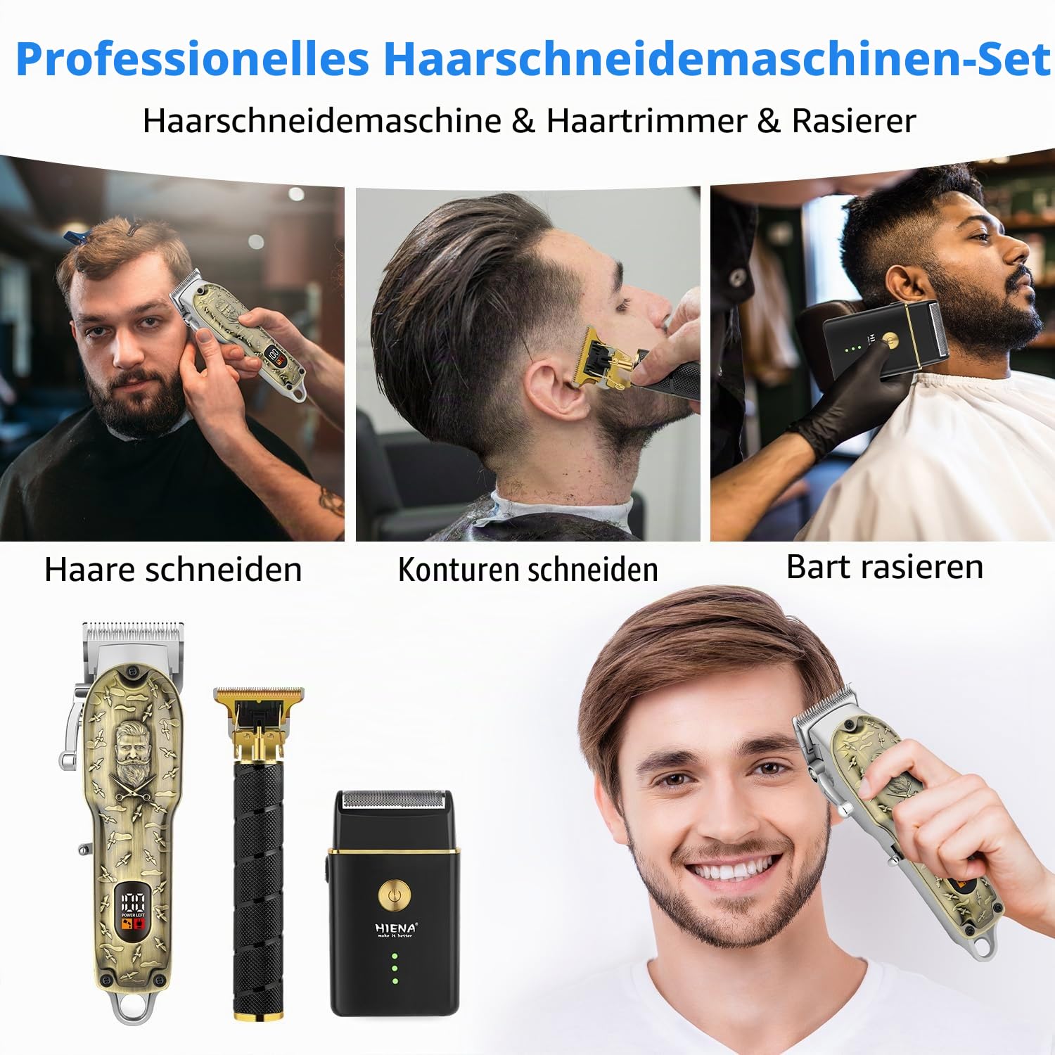 HIENA PRO Haarschneidemaschine-Set & Trimmer-Kit für Männer, professioneller elektrischer Bartschneider und Folienrasierer, Gesichtspflegewerkzeuge, USB-Aufladung, perfekte Geschenke für Männer