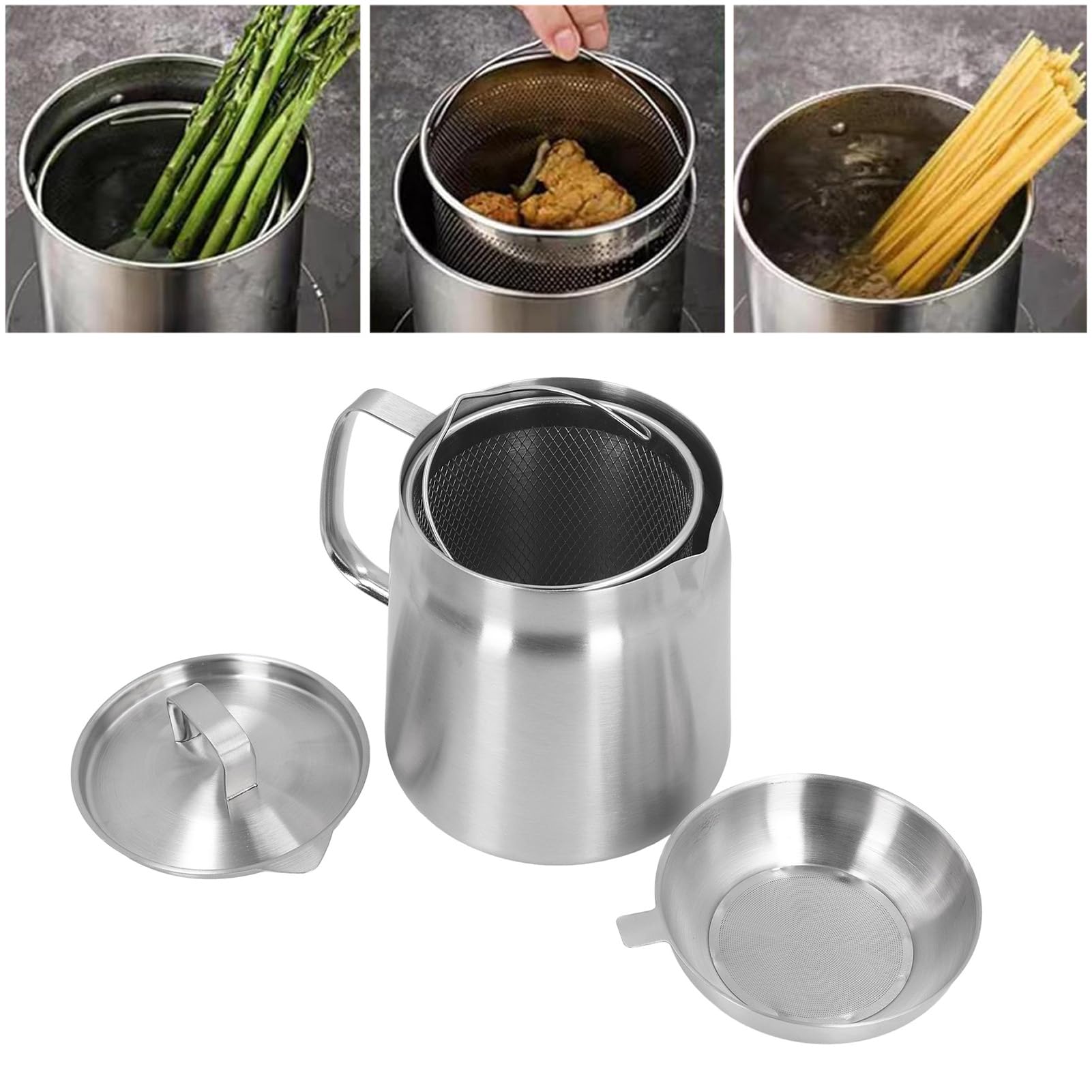 Récipient à Huile de Cuisson avec Passoire – Pot de Filtre à Huile en Acier Inoxydable 304 avec Couvercle, Friteuse à Huile, Poignée Facile à Prendre en Main (2L)