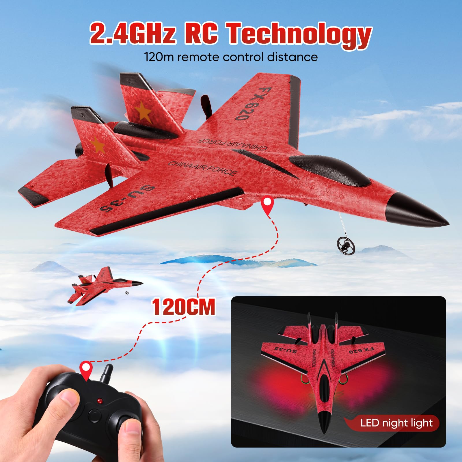 Avion RC 2,4 GHz Télécommandé avec Gyro 3 Axes, Avion de Combat en Mousse 2 Canaux, 2 Batteries LED, Rouge