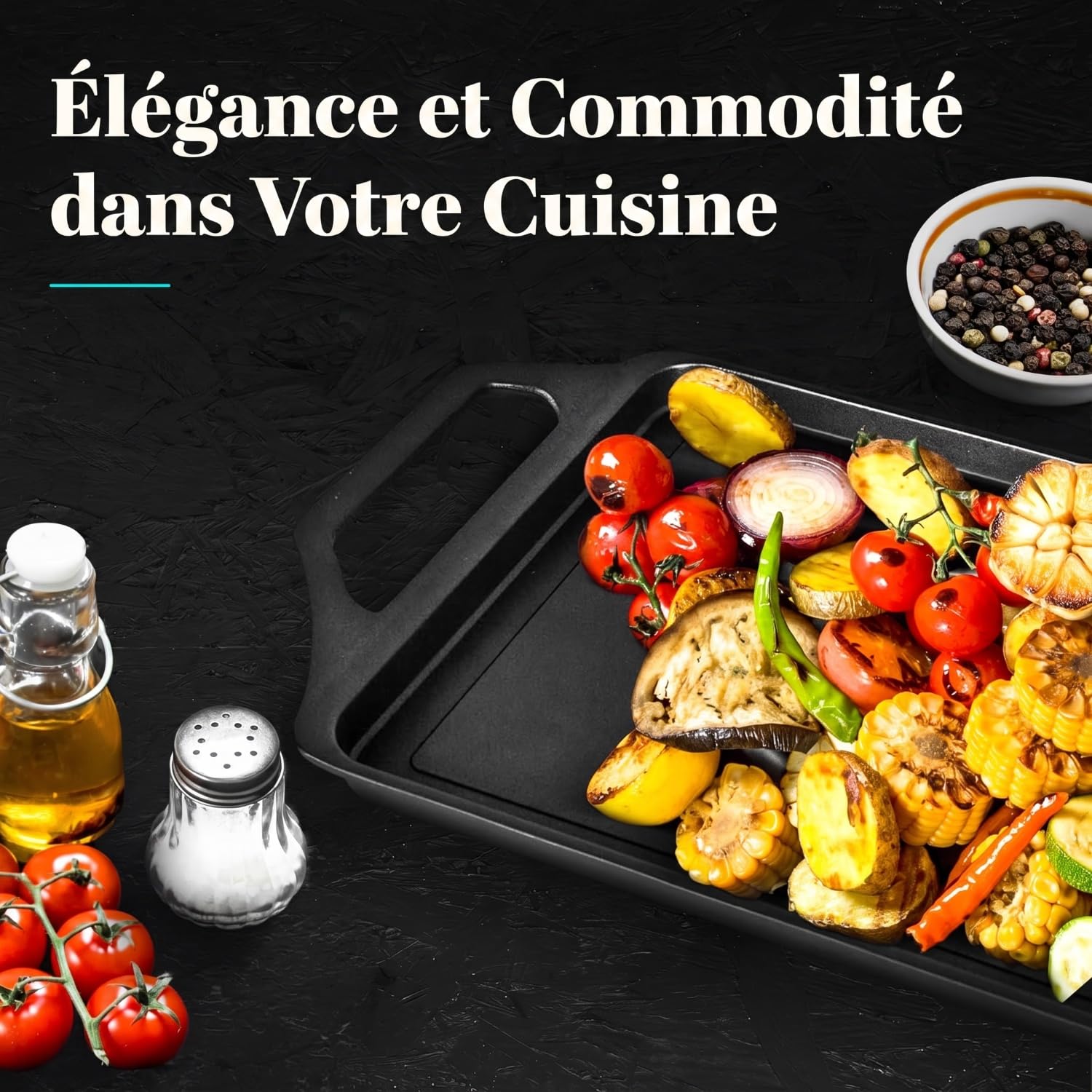 WECOOK! Ecostone Plaque à Griller Induction 43 X 25cm, Fonte d'Aluminium, Anti-adhésif XTRA DUPONT Écologique sans PFOA, Épaisseur 5 mm, Poignées en Silicone, Vitrocéramique, Gaz, Four