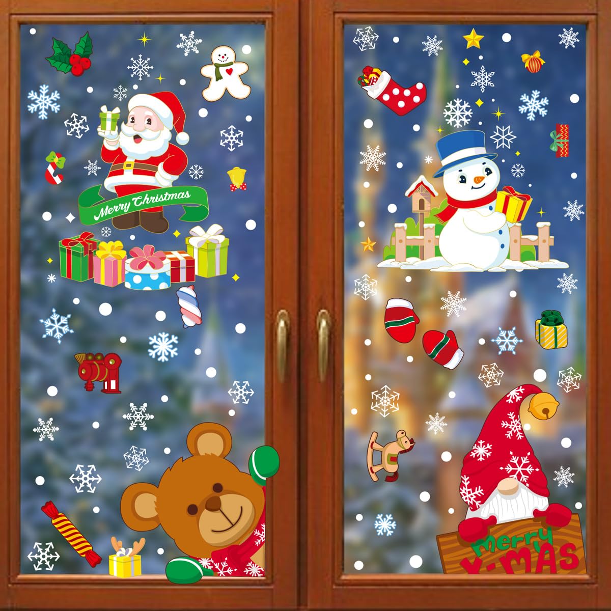 Christmas &amp; Halloween Static Window Clings Set (20x30cm &amp; 35x28cm),8-10 Designs/Pack, Removable Decals for Glass (Christmas Cozy Whimsical, Polyvinyl Chloride, Large)