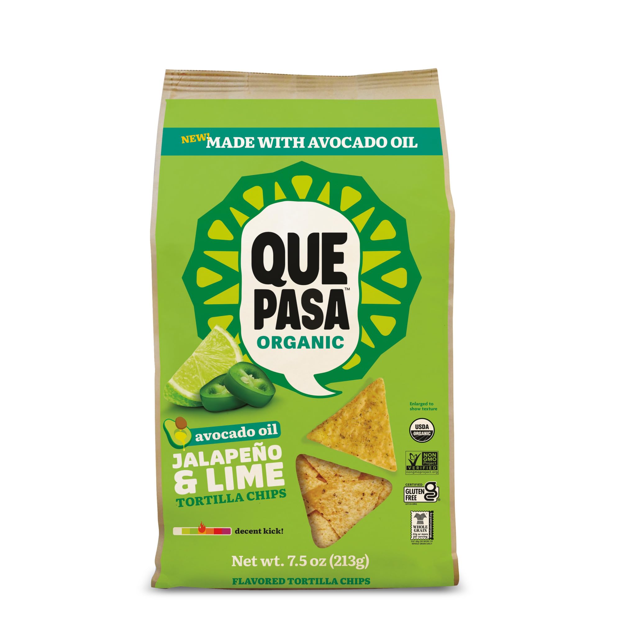 Que Pasa Organic Avocado Oil Jalapeno & Lime Tortilla Chips, 7.5 oz (Pack of 1), Gluten Free, Non-GMO, by Nature's Path