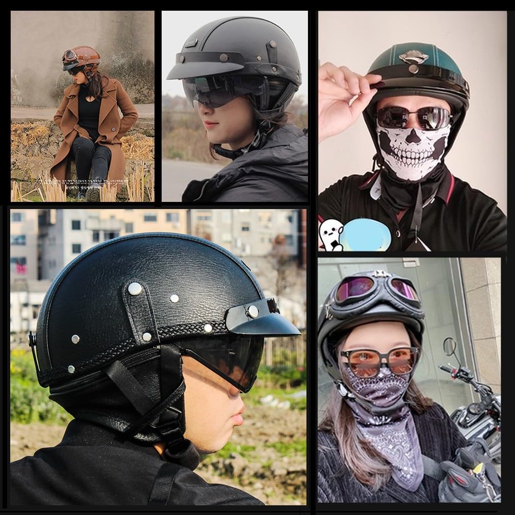 Casque de Moto Vintage Cuir Retro Vintage Scooter Open Face Demi Cuir avec visière Lunettes ECE Bols pour Homme et Femme Adultes Demi-Casques avec Sac de Rangement