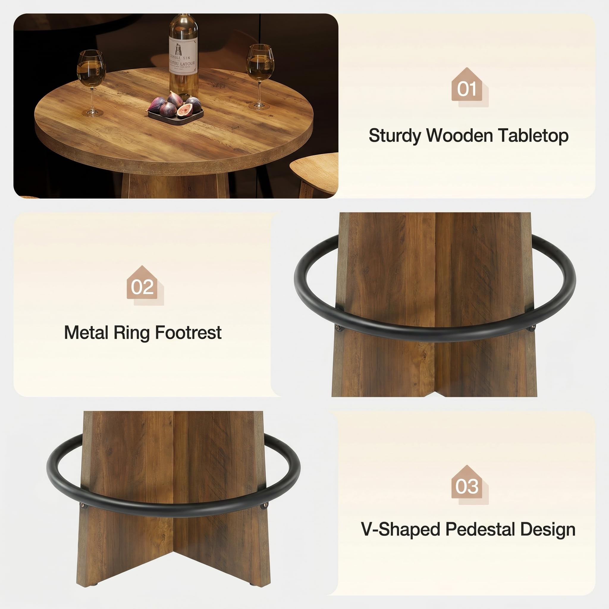Tribesigns Tavolo rotondo da bar, alto 95 cm, in legno, Tavolino da Cocktail con base e poggiapiedi ad anello in metallo, per caffetteria, casa, piccoli spazi, marrone (solo tavolo)