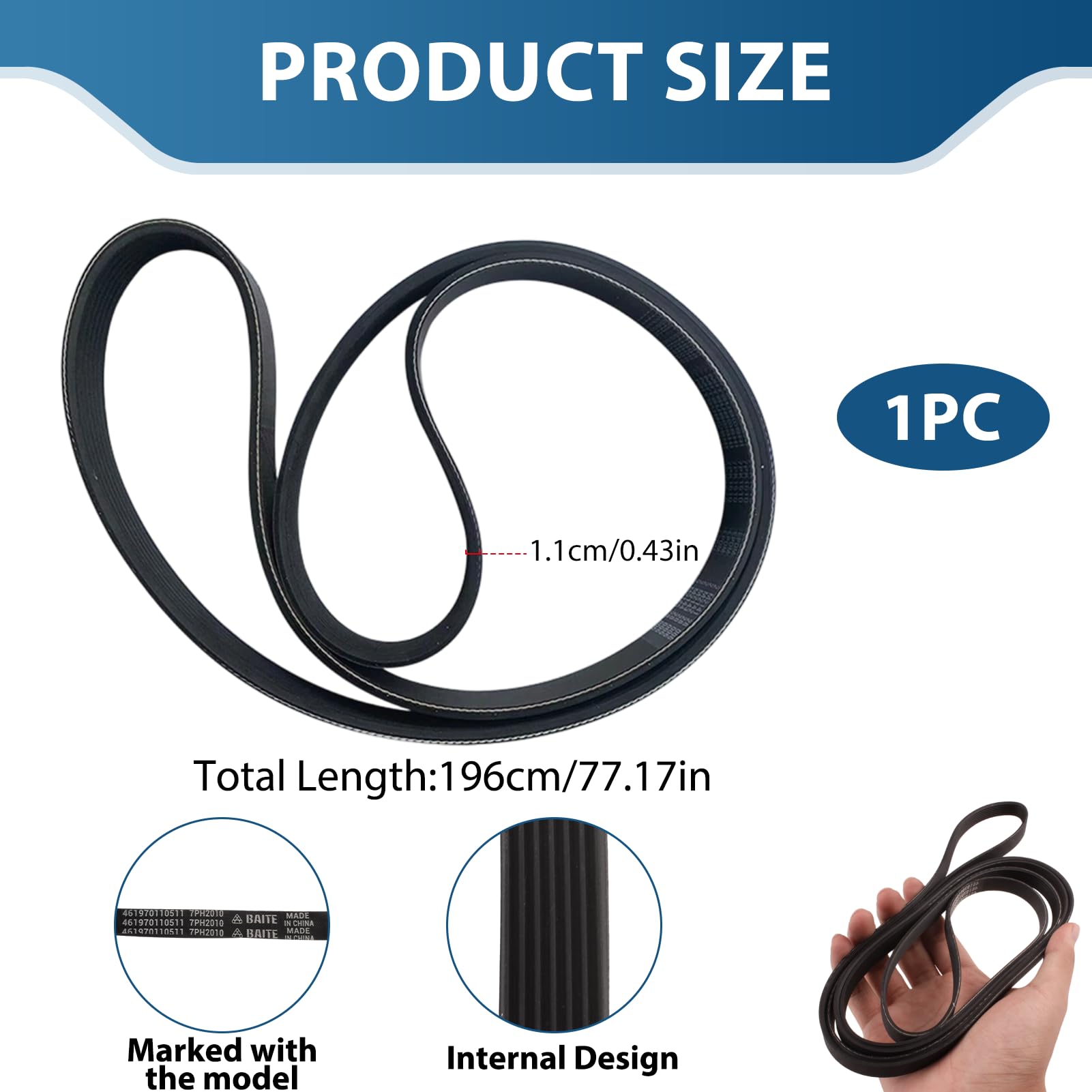 7PH2010 Courroie Nervurée en V pour Sèche-Linge, Accessoires de Sèche-linge pour Maison Compatible avec Whirlpool et Hotpoint, Courroie en Caoutchouc Fermée C00311014 - 2