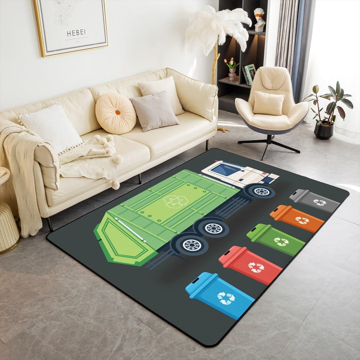 Garbage Truck Area Rug 3'x5'(100cmX150cmX1cm),Cartoon Trash Truck Decor Non Shedding Rug for Teens,Green Vehicle Car Decorative Carpet for Playroom Bedroom Dining Room