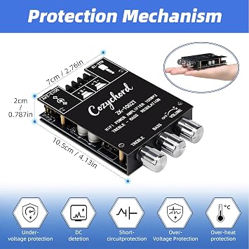 ZK-1002T Bluetooth 5.0 Stereo Amplifier Board 200W HiFi 2.0 Channel Mini Audio Amplifier Module with Treble and Bass Control, AUX Input, DC 12V-24V for Speakers