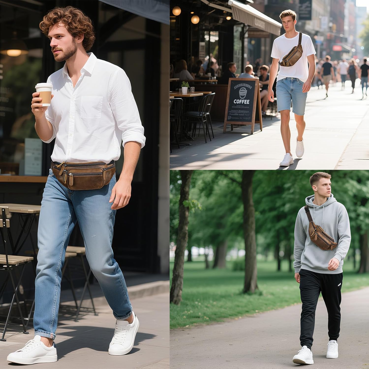 Crazy Horse Leather Mens Fanny Pack for Women Belt Bag Purse Running Waist Pack for Phone Bum Hip Bags Shoulder Crossbody Bags - Image 3