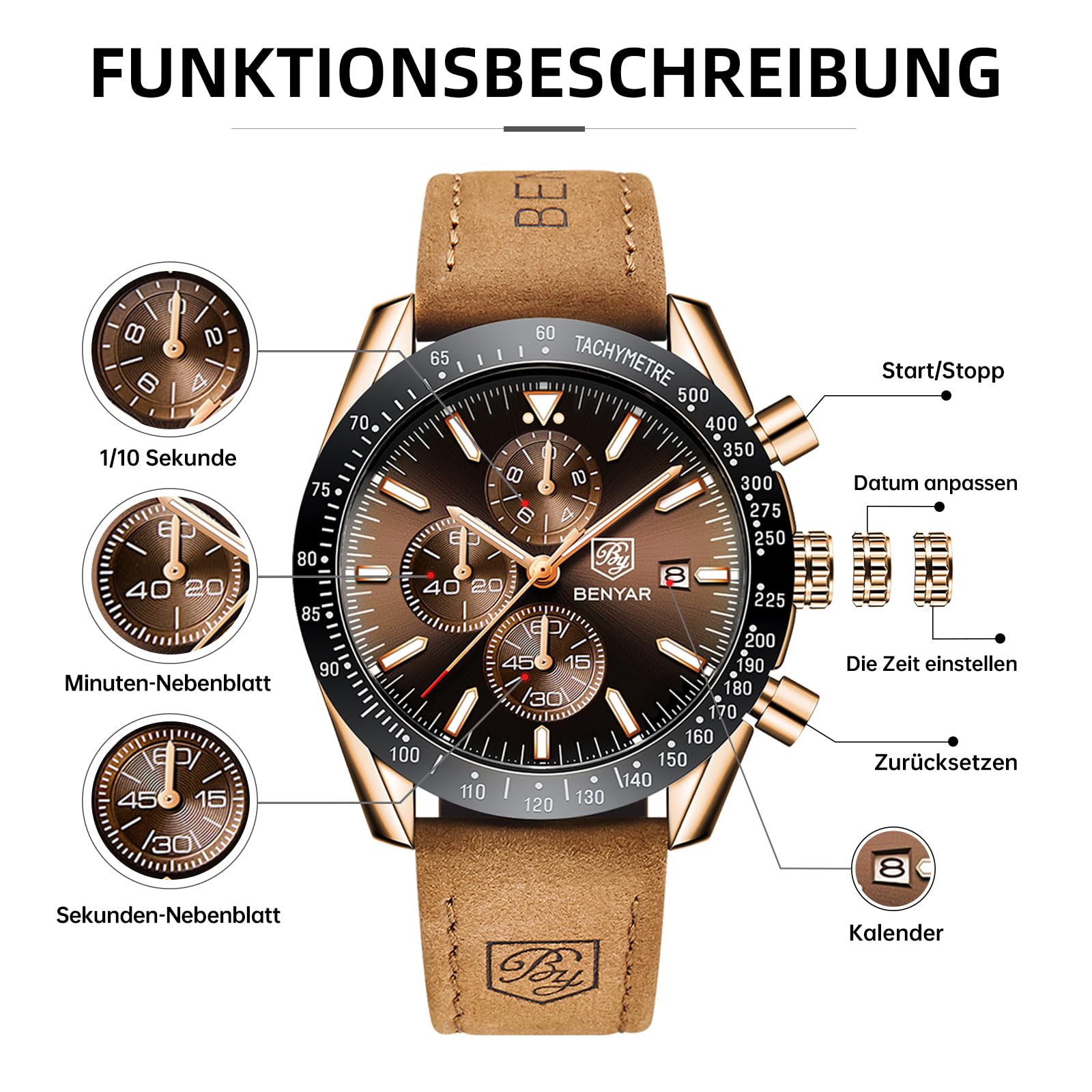 BENYAR herrenuhren Chronograph Analogue Quartz Armbanduhr für männer Lederband Herren Fashion Business Sport Design 30M wasserdicht Elegantes Geschenk für männer