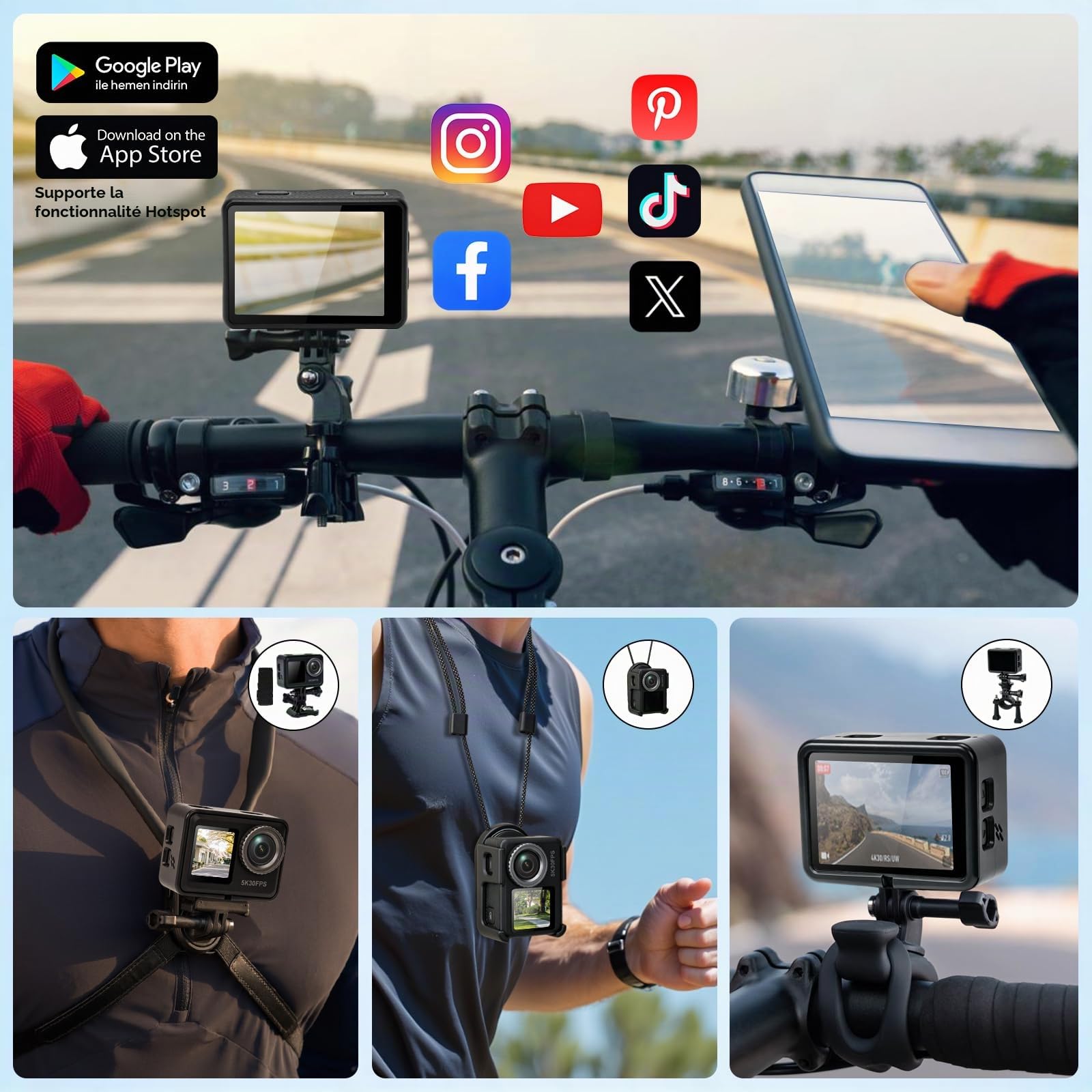 AIKER Camera Sport,Version Pro Camera Vlog Assistance 5k30FPS Photo 64MP/3.0EIS/Trè Longue Autonomie/Grand Angle 130°/Action Cam Étanche/Support Aimanté Original Cameras Moto pour Moto,Vélo EtOutdoor