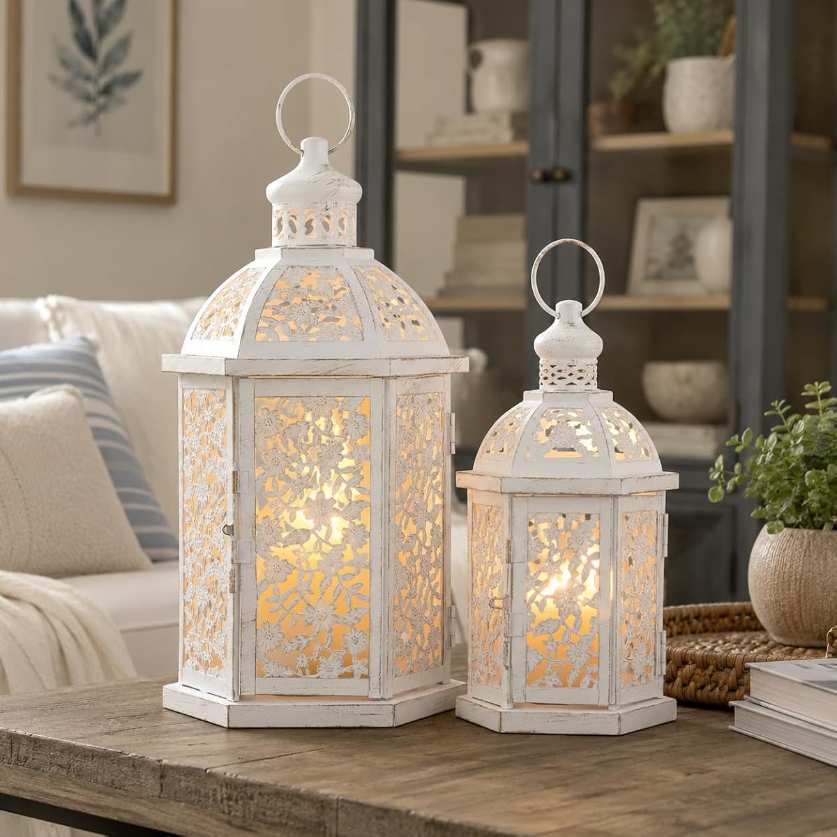 Lanterns Decorative Outdoor&Indoor, Set of 2 (15"&7") White Metal Lantern Decor, Candle Holder for Porch, Patio, Christmas, Balcony, Wedding, Table Centerpiece