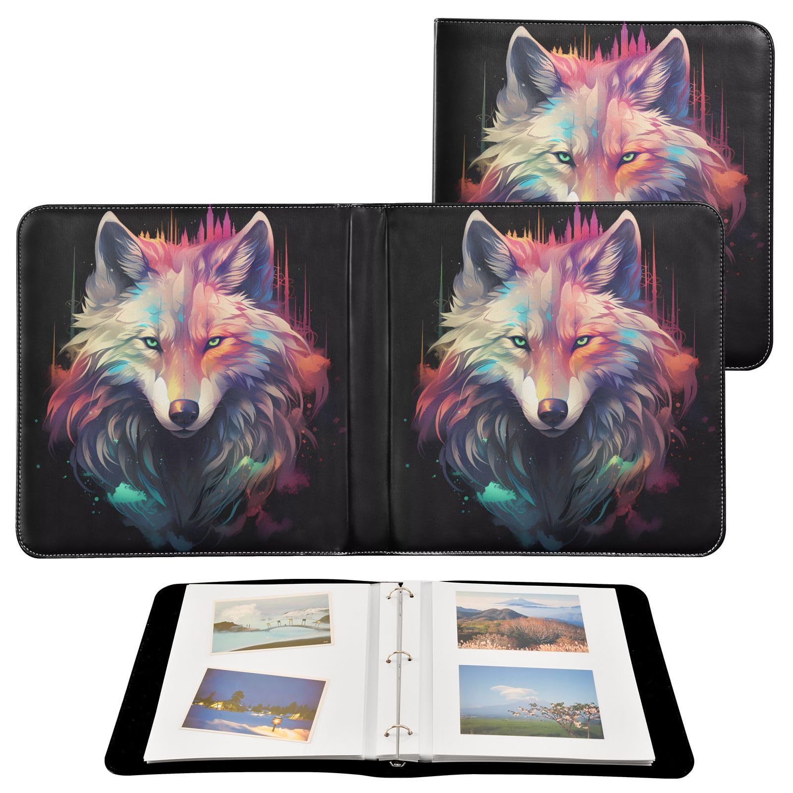 JIPONI Colorful Wolf Magic Large Photo Album, DIY Leather Cover Scrapbook Albums for 4x6 5x7 6x8 Pictures, Self Adhesive Memory Book for Wedding, Baby, Family