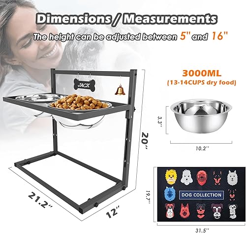 Miniatura 5 de SHAINFUN Soporte de metal con cuencos elevados para perros grandes y extra grandes, altura ajustable con dos cuencos de acero inoxidable de 101.4