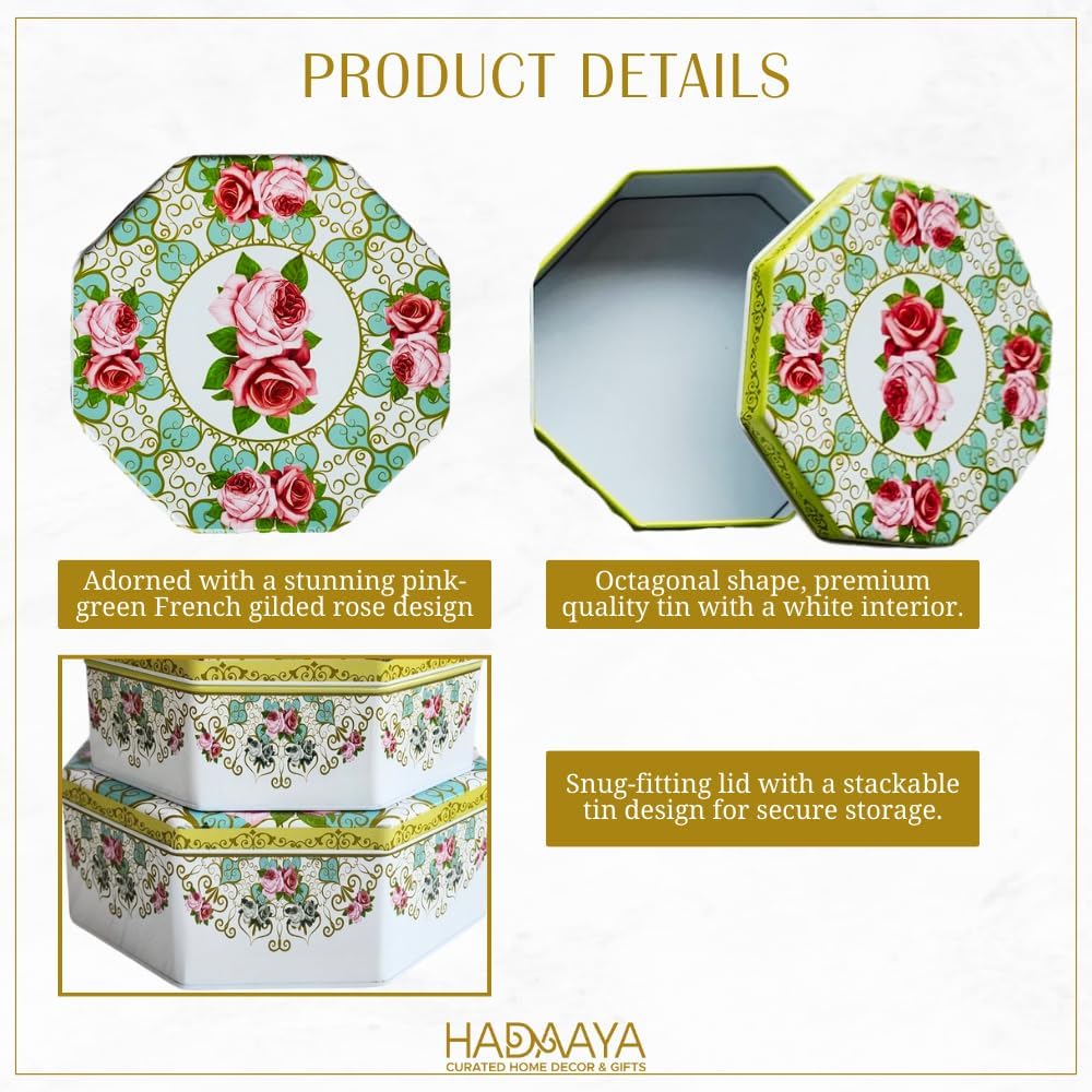 Pack of 3 Octagon Shaped Cookie Tins with Lid, Mother's Day Multipurpose Nesting Storage for Cookies, Candy, Office Supplies, Pink & Green French Gilded Roses Design