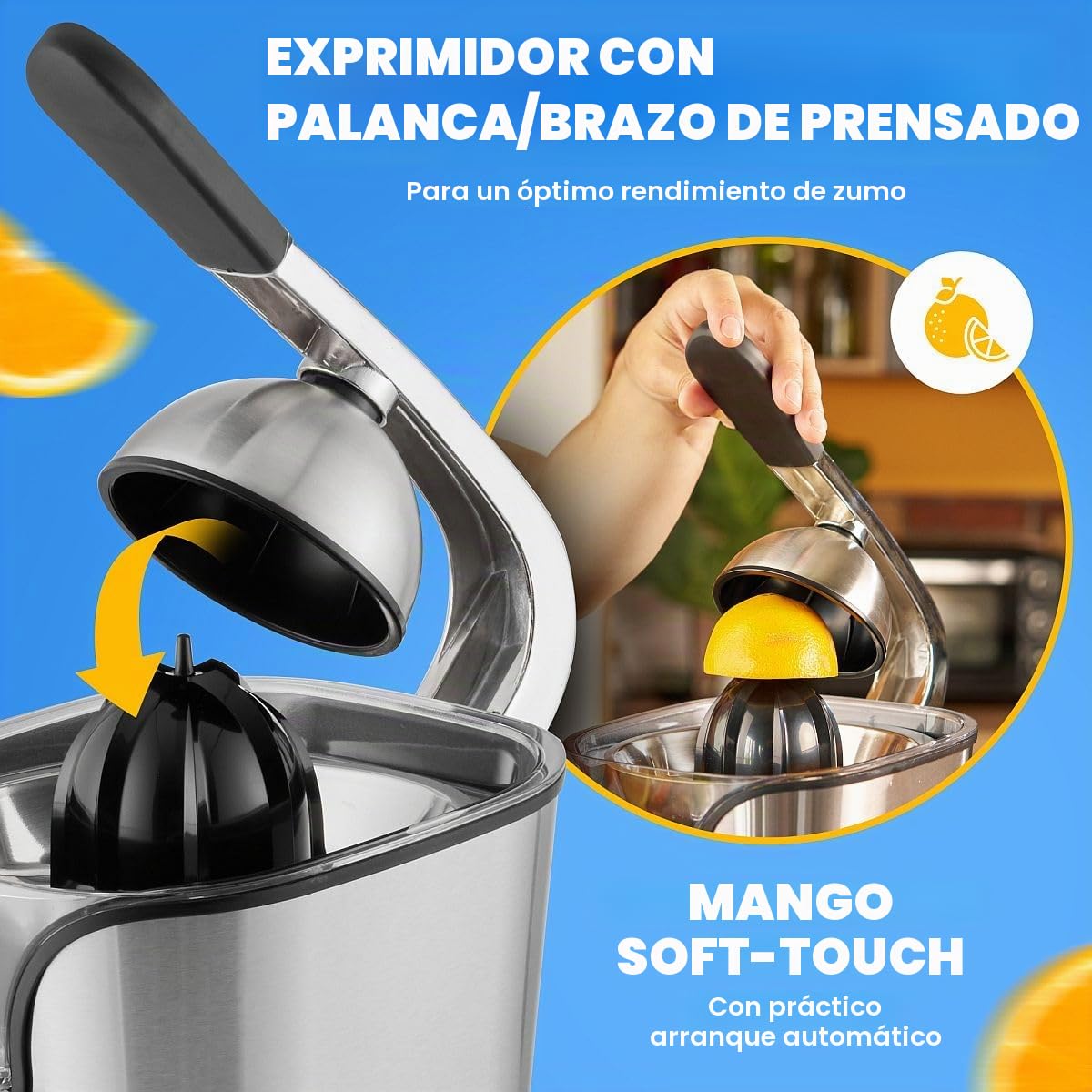 Proficook ZP 1154 - Exprimidor eléctrico zumo naranjas y limón con palanca, motor profesional, antigoteo, 2 conos, acabado en acero inoxidable 160W