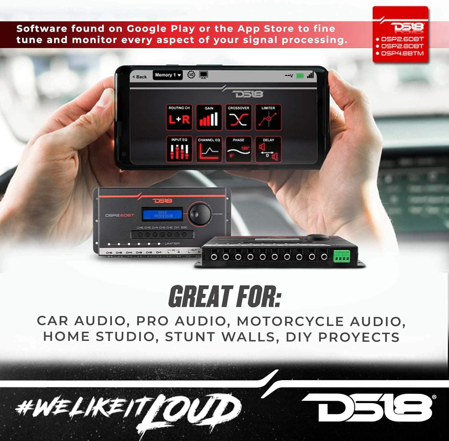 DS18 DSP2.6DBT 2-Channel in and 6-Channel Out Digital Sound Processor with Bluetooth and LCD Screen - Didactic and Intuitive Interface Through The App.