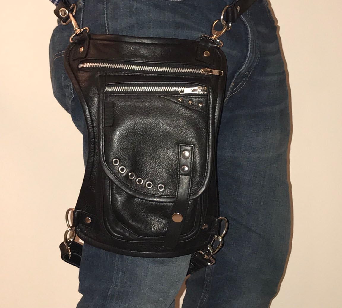 ML99108 Leather Drop Leg Thigh Bag with Concealed Gun Pocket for Hunters & Bikers (Black)