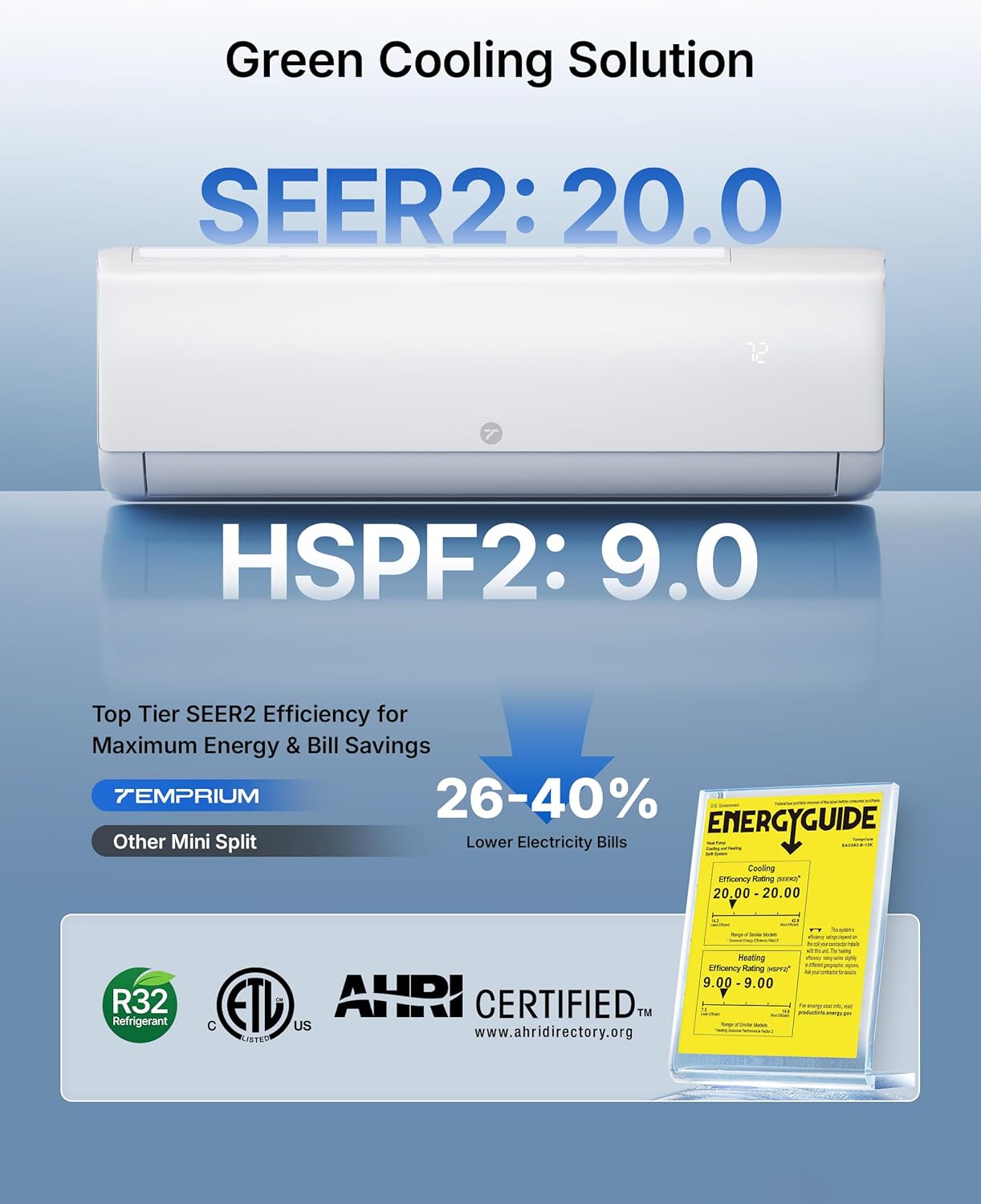 12000 BTU Mini Split AC/Heating System, 20 SEER2 Inverter, 208/230V Ductless Air Conditioner for Up to 750 Sq.Ft, WiFi & Alexa Compatible, Ultra Quiet, Pre-Charged R32, Installation Kit