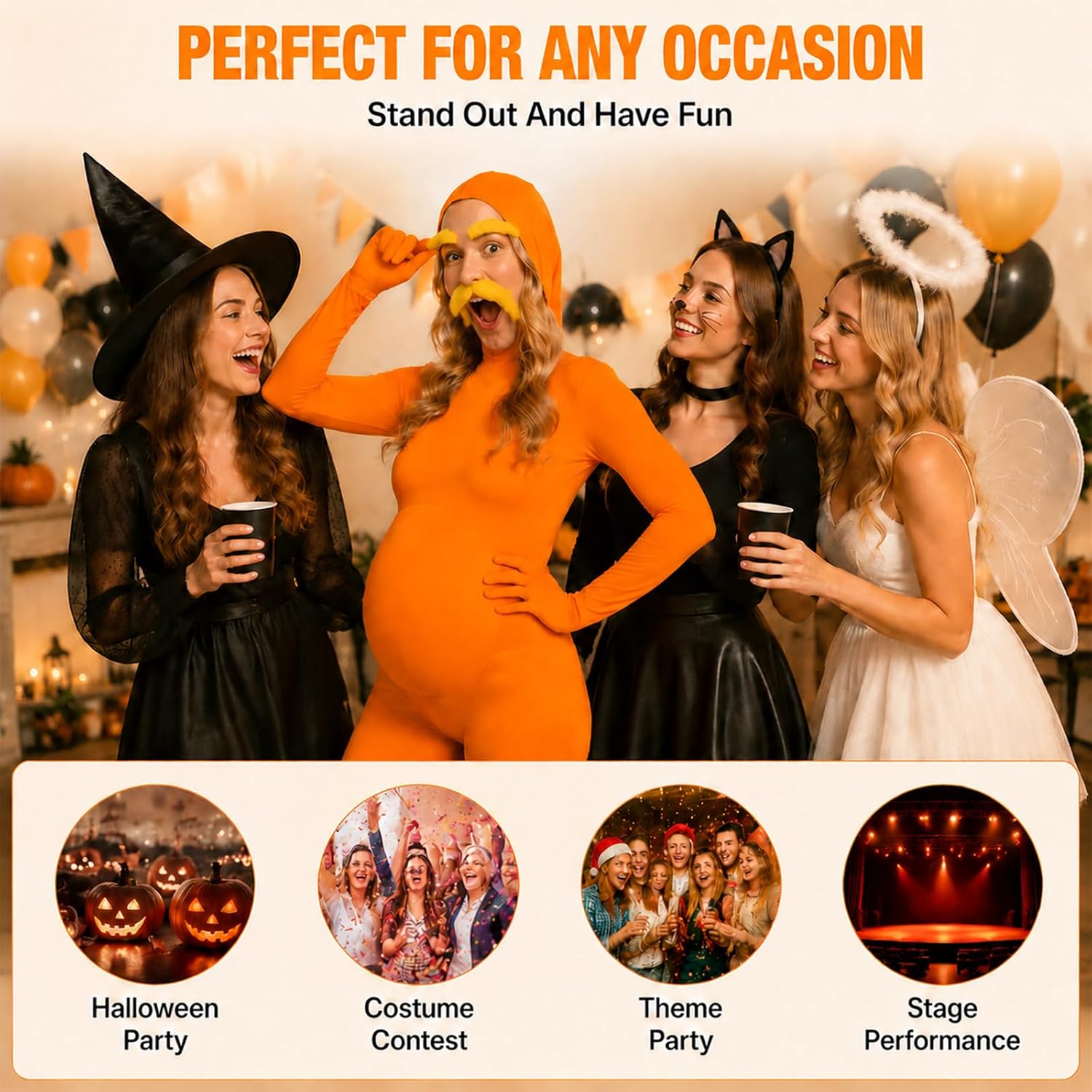 Adult Orange Bodysuit Costume with Mustache & Eyebrow Set for Halloween