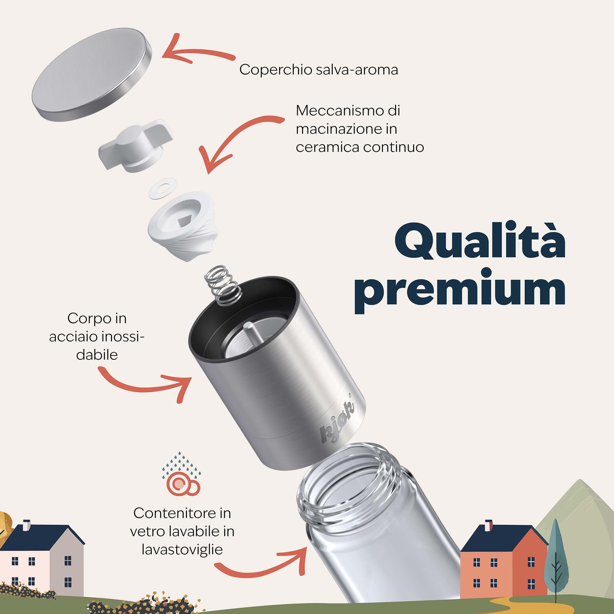 kjøk Set 2 Macinini Sale e Pepe in Acciaio Inox e Vetro – macinapepe manuale con macinazione in ceramica regolabile – senza BPA – per sale, pepe ed erbe essiccate