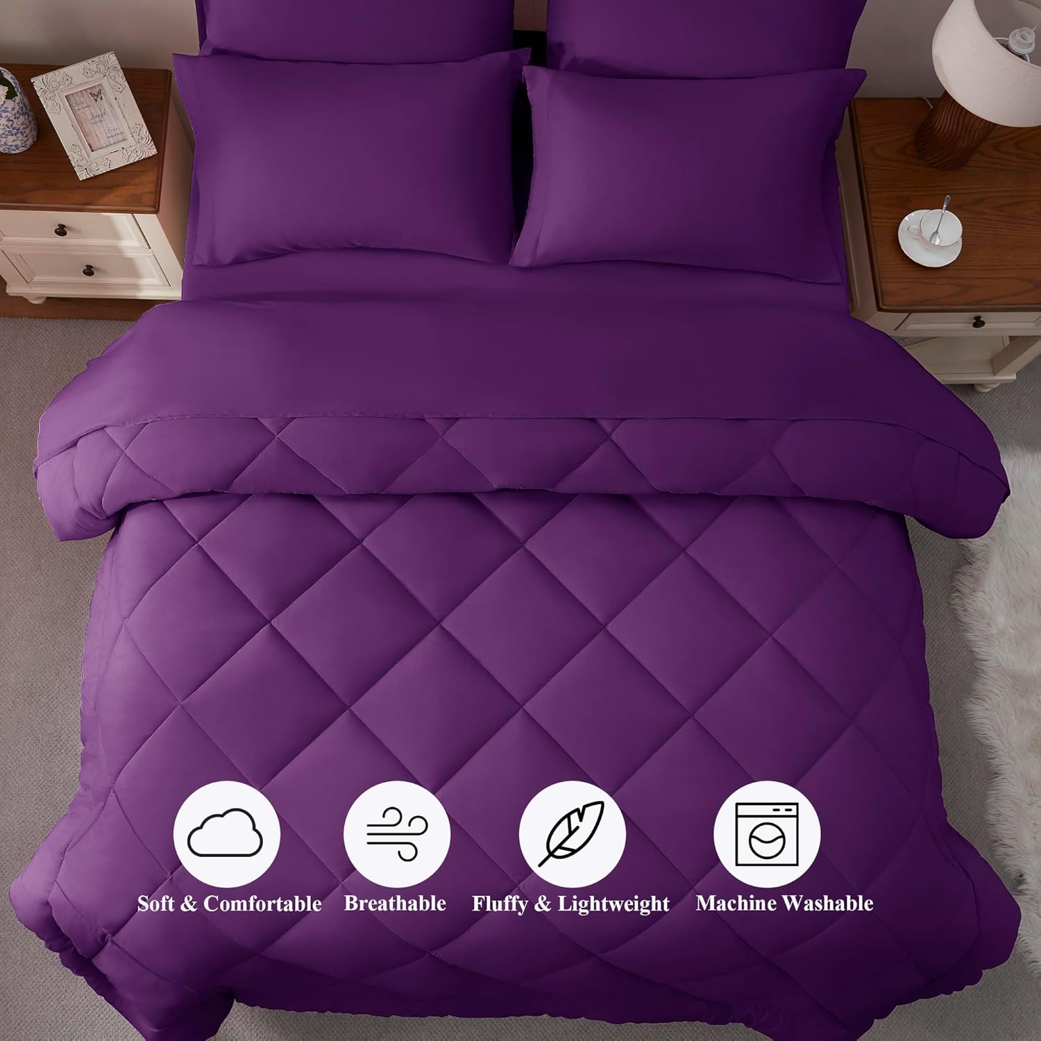 ELNIDO QUEEN® Purple Comforter Set Queen - 7 Pieces Bed in a Bag Queen Size, Bed Set for All Seasons, Ultra Soft Bedding Sets with Comforter, Flat Sheet, Fitted Sheet, Pillowcases and Pillow Shams
