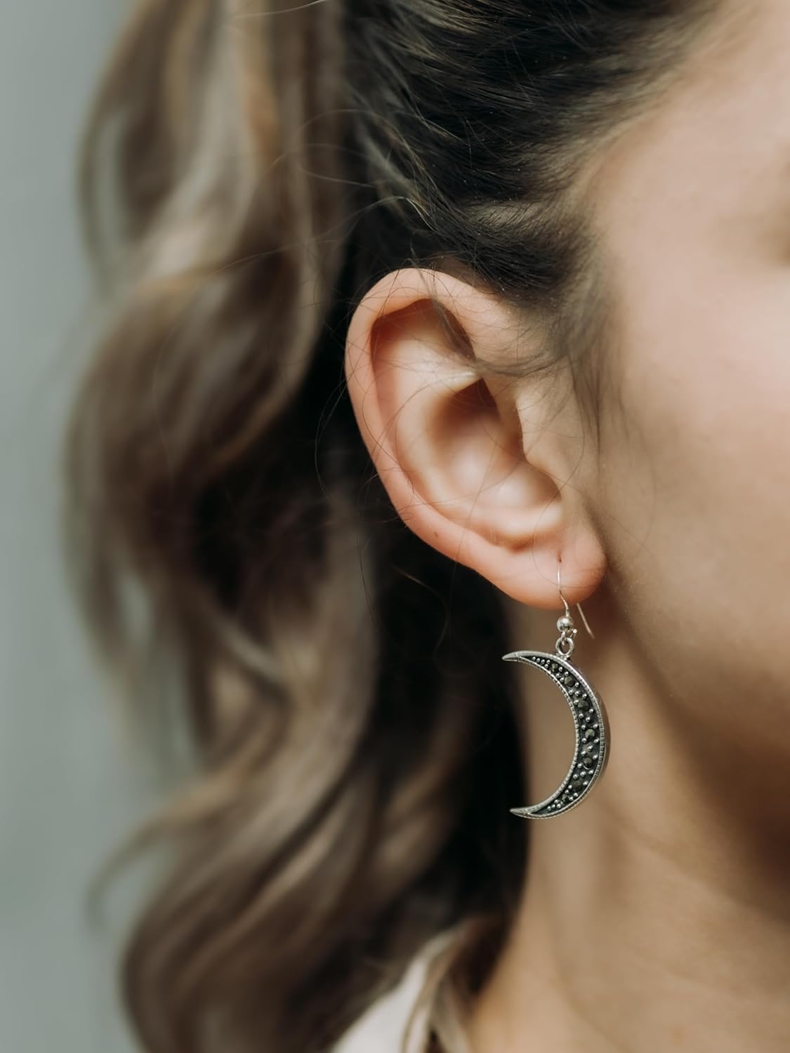 Sterling Silver Earrings Crescent Moon Design Marcasite Gemstone Branded Gift Box 1.18''