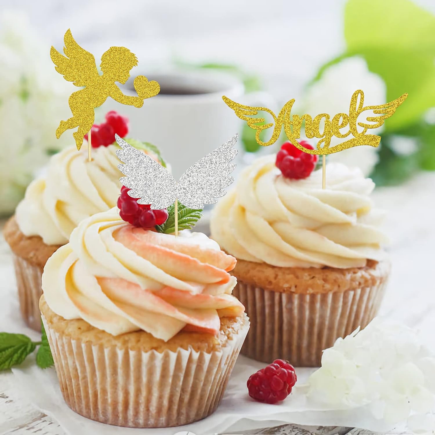 24PCS Glittery Angel Cupcake Toppers Cupid's Arrow Dessert Decor God Bless Baby Birthday Party Decoration Supplies
