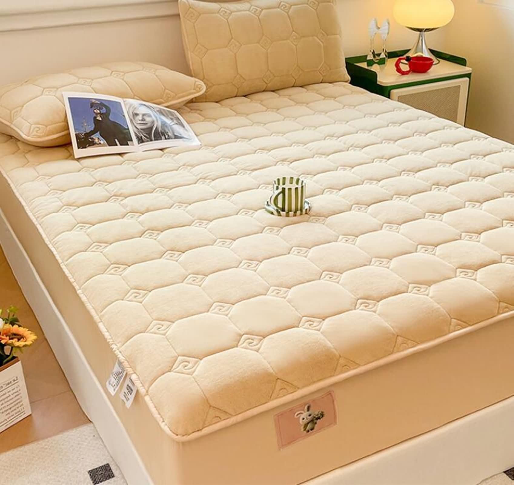 Juego de 3 Piezas Sábanas Terciopelo Poliéster Bajera, Color Sólido con Patrón Geométrico, 200 x 220 CM + 2 Fundas de Almohada, Bajera Ajustable Caqui Claro