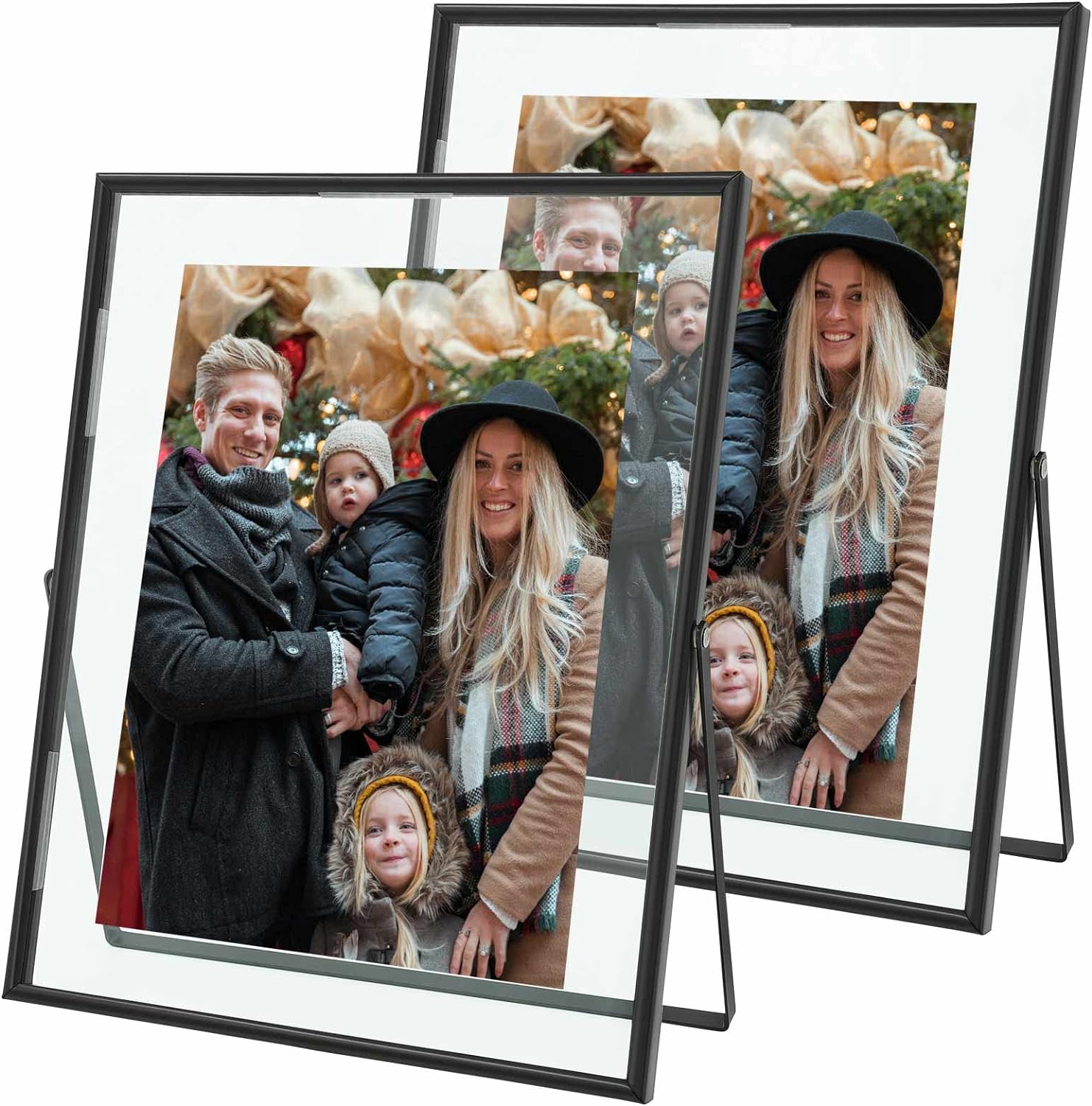 Qiannhee 8x10 Floating Frame Set of 2, Black Picture Frame Hold 8x10in 6x8in 5x7in Photo for Tabletop, Glass Finish,Vertical Metal Stand Frame