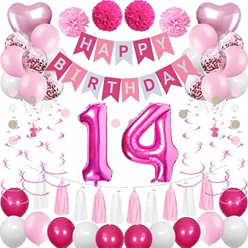 14th Birthday Decorations for Girls, 14 Pink and White Happy Birthday Balloons, 14th Birthday Party Supplies with Pink Happy Birthday Banner and Hot Pink Number 14 Foil Balloon