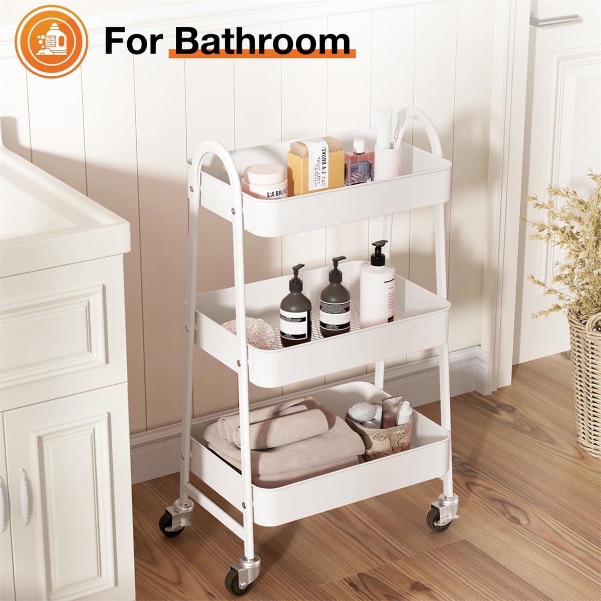 3-Tier Metal Rolling Utility Cart, Small Rolling Cart Kitchen Trolley Bathroom Laundry Room Bar Office Shelves Storage Organizer Shelving Unit with Caster Wheels for Narrow Places, White