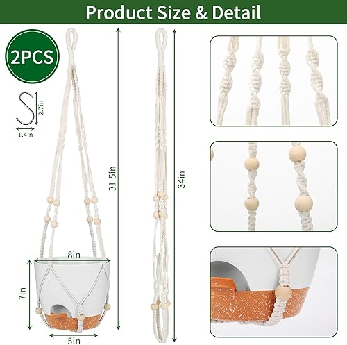 Miniatura 2 de GARDIFE Macetas colgantes de 8 pulgadas con colgador de plantas de mcreme para plantas de interior y exterior, paquete de 2 macetas grandes con