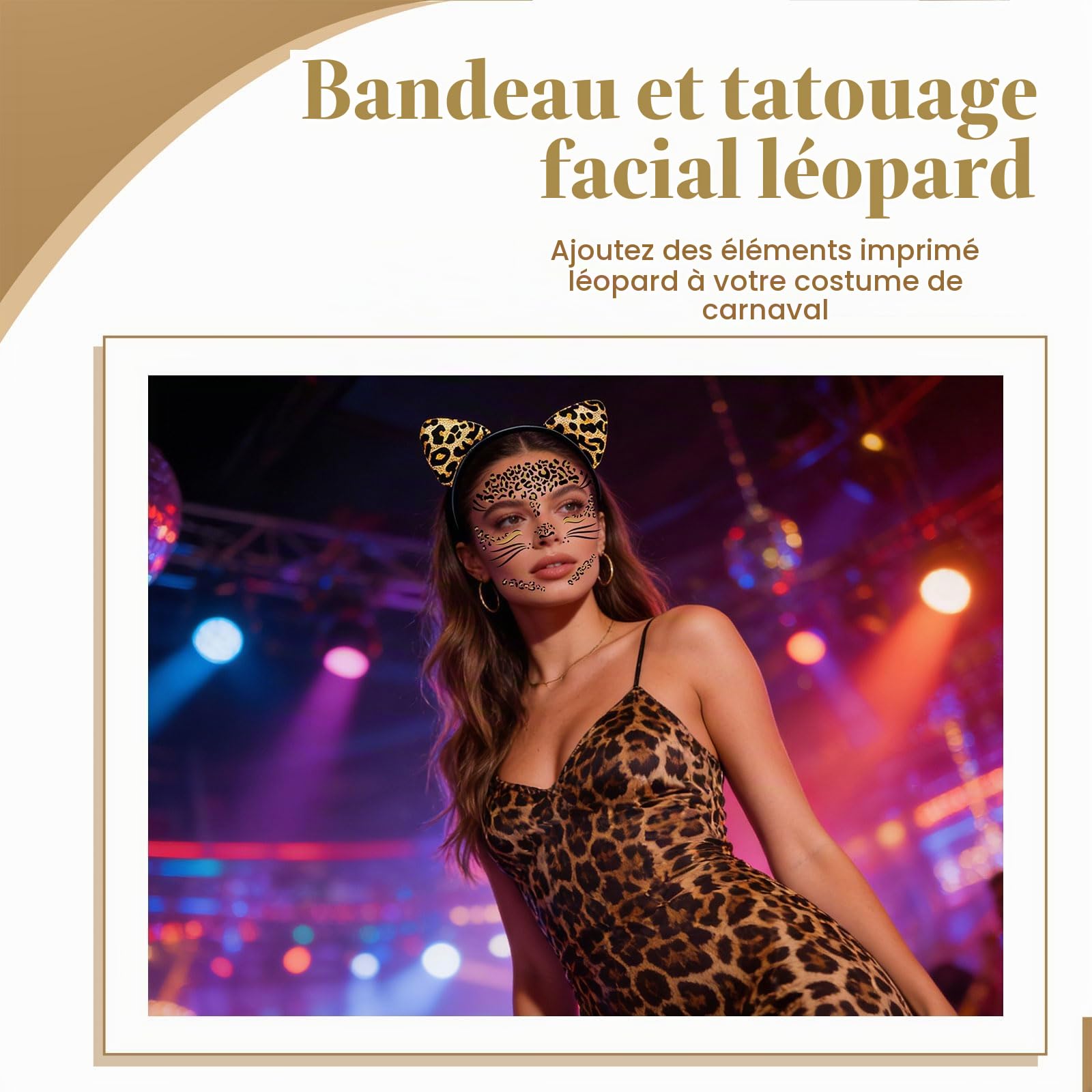 Ensemble de Costume léopard pour Femmes, Serre-tête Oreilles de léopard avec 3 Tatouages faciaux différents pour fête de Carnaval Accessoires léopard