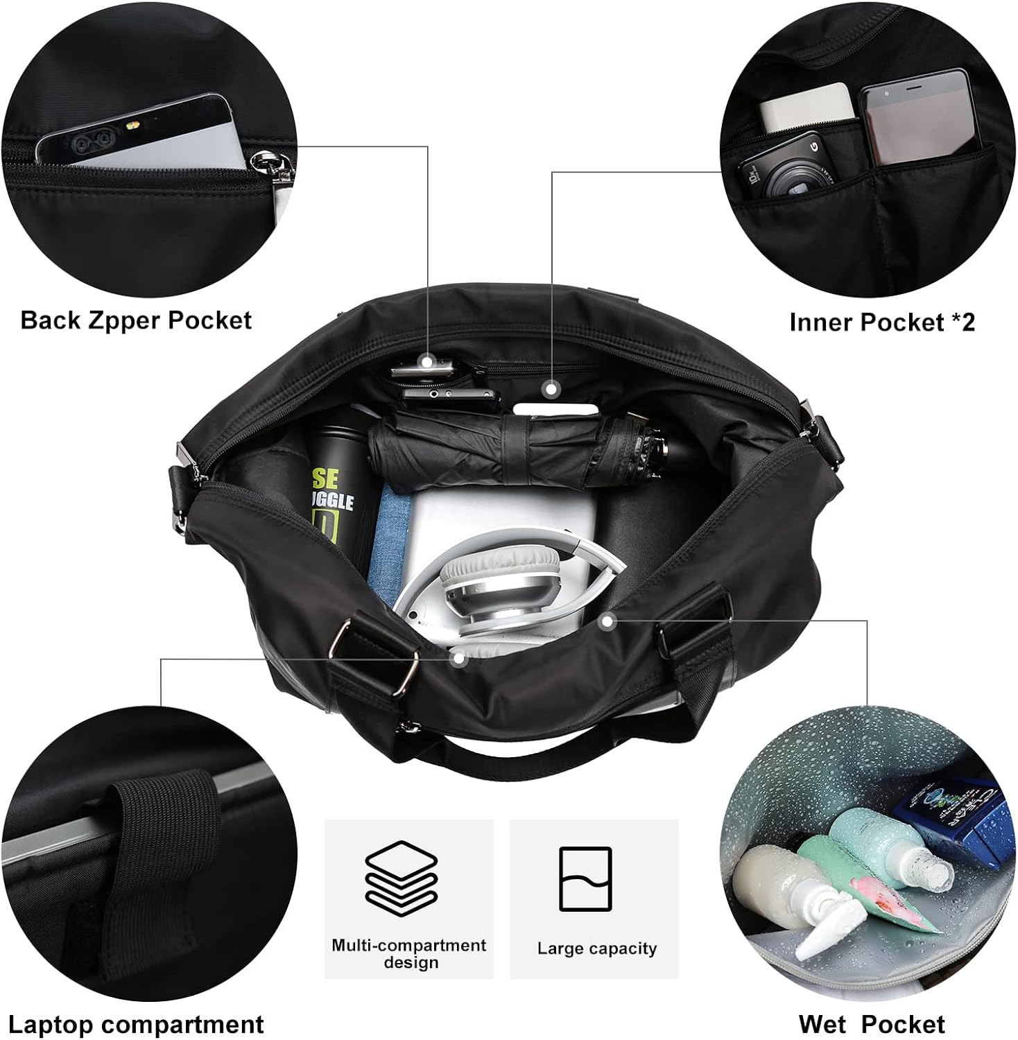 Vista 3 de Bolsa de viaje para gimnasio, bolsa de hombro para fin de semana para mujer