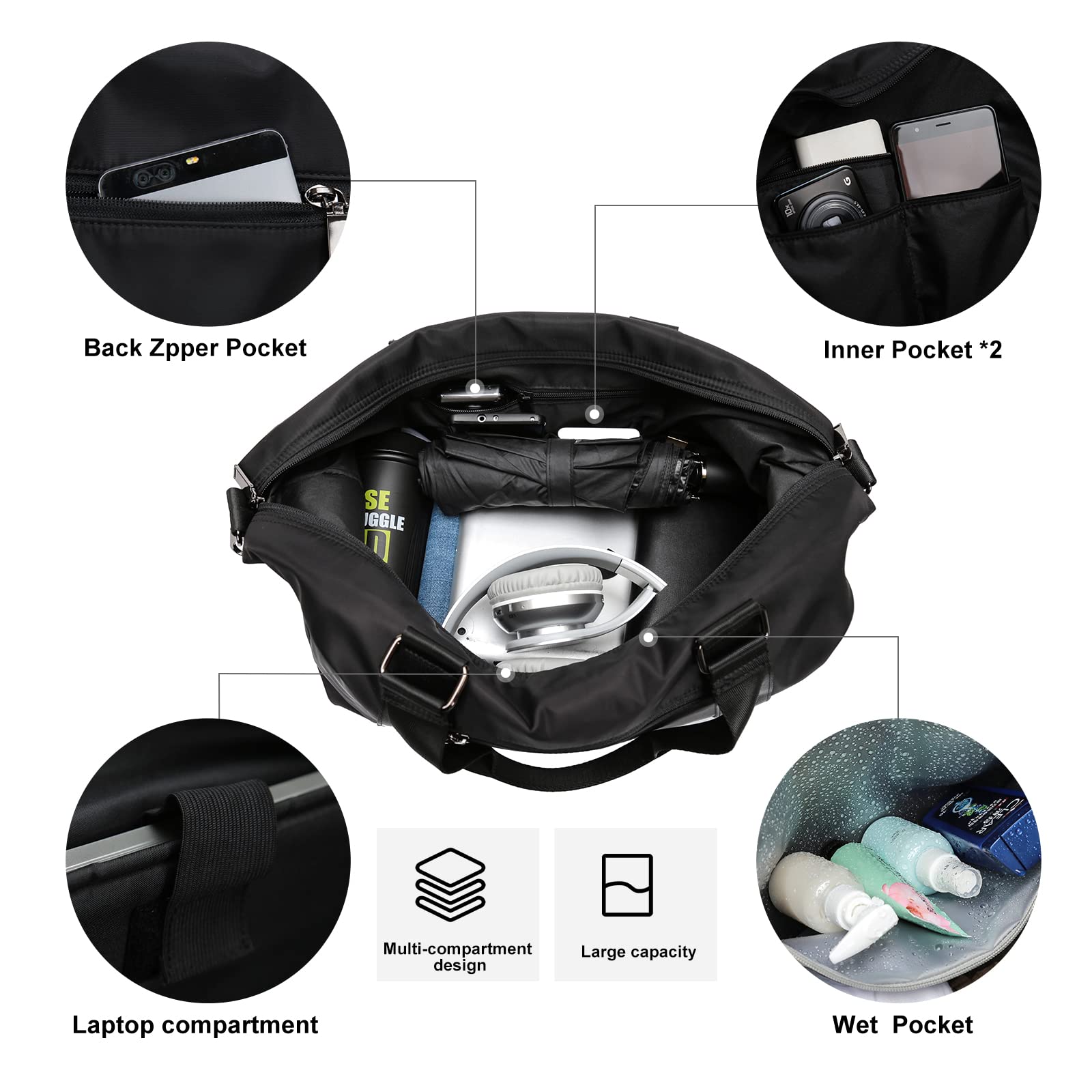 Travel Duffel Bag,Sports Tote Gym Bag,Shoulder Weekender Overnight Bag for Women with Wet Pocket & Laptop Pocket,Black