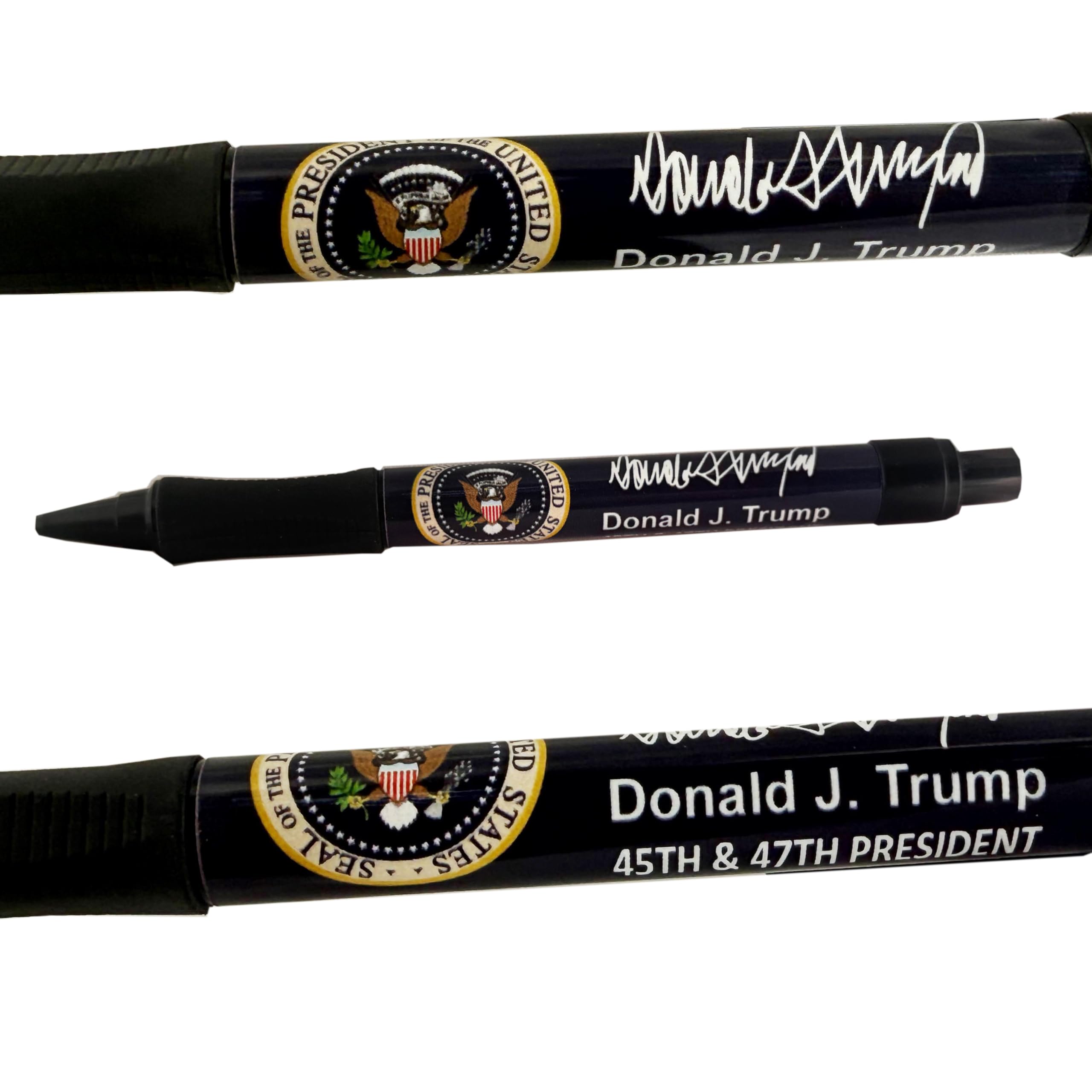 Donald J. Trump Presidential Signature - Bolígrafo retráctil estilo clic – 45th & 47th President, azul marino y negro con agarre de goma con sello de firma y presidencial