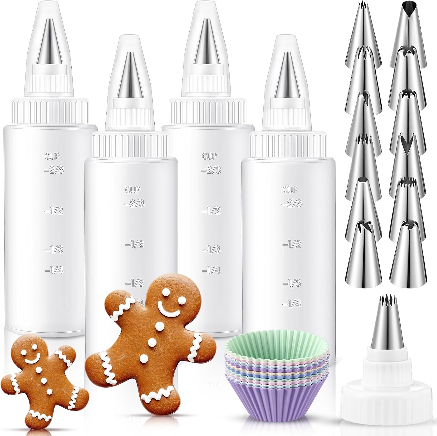 26 Pcs Icing Bottles Include 4 Pcs 4oz Plastic Squeeze Bottles with 12 Different Piping Tips and 10 Silicone Cupcake for Cookie Icing Piping Kit Pancake Decoration Food Art Applicator Writer