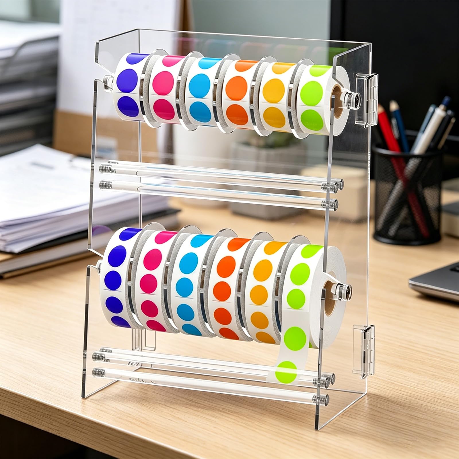Scaffale per Dispenser Etichette con divisori Scaffale per Adesivi in ​​Acrilico Trasparente per Un ' organizzazione efficiente degli spazi Lavoro Supporto per Dispenser Etichette