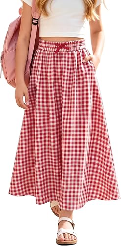 Langyiwee Girls' Gingham School Maxi Skirts, 13-14 Years, Red