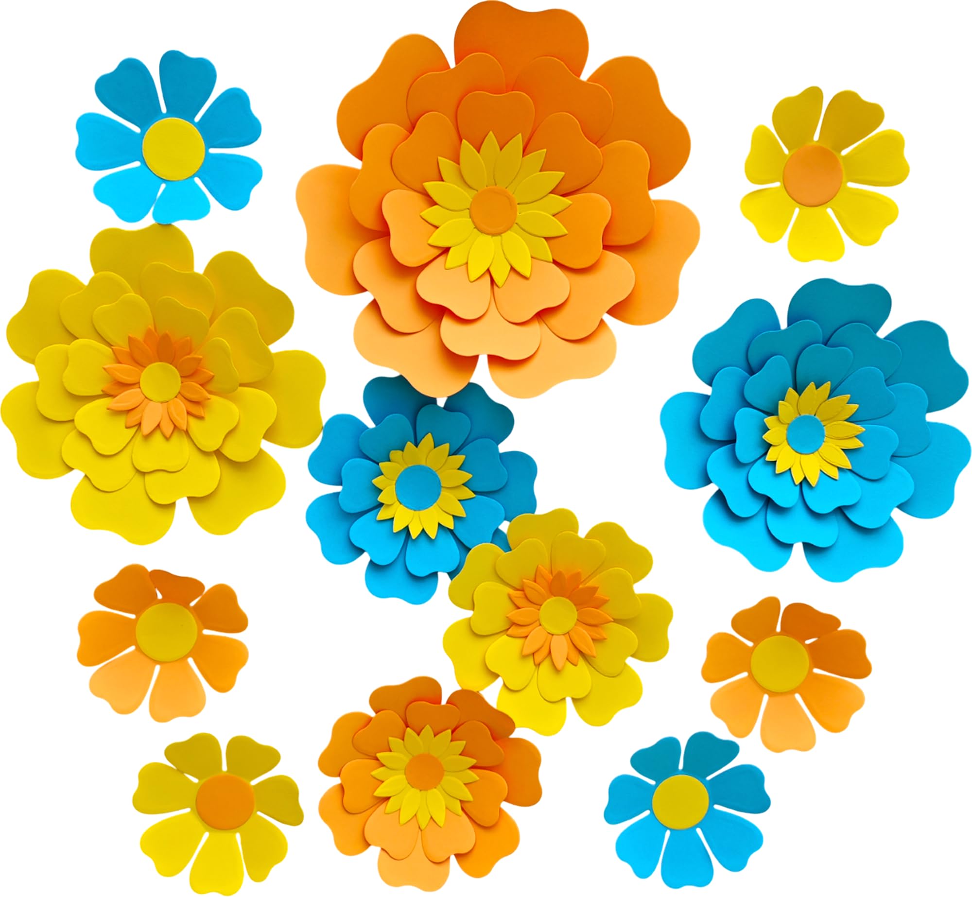 Mybbshower Blue Yellow and Orange Paper Flower for Boys Girls Kids Birthday Party Boho Party Decorations Backdrop Nursery Wall Home Decor (10 inch-6 inch) Pack of 12
